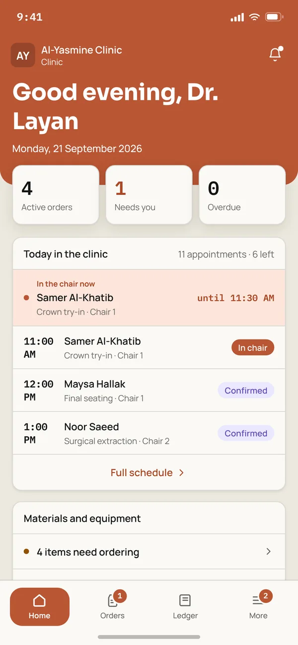 Denzo home screen for a clinic: today in the clinic, active orders and what needs you