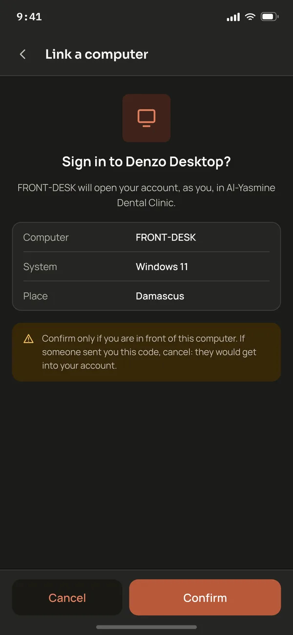 The phone asking to confirm signing in to Denzo Desktop