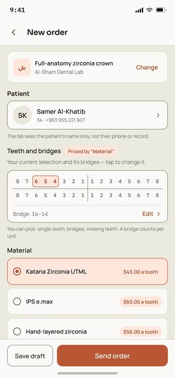 Denzo new order screen: patient, teeth and bridges, and the material